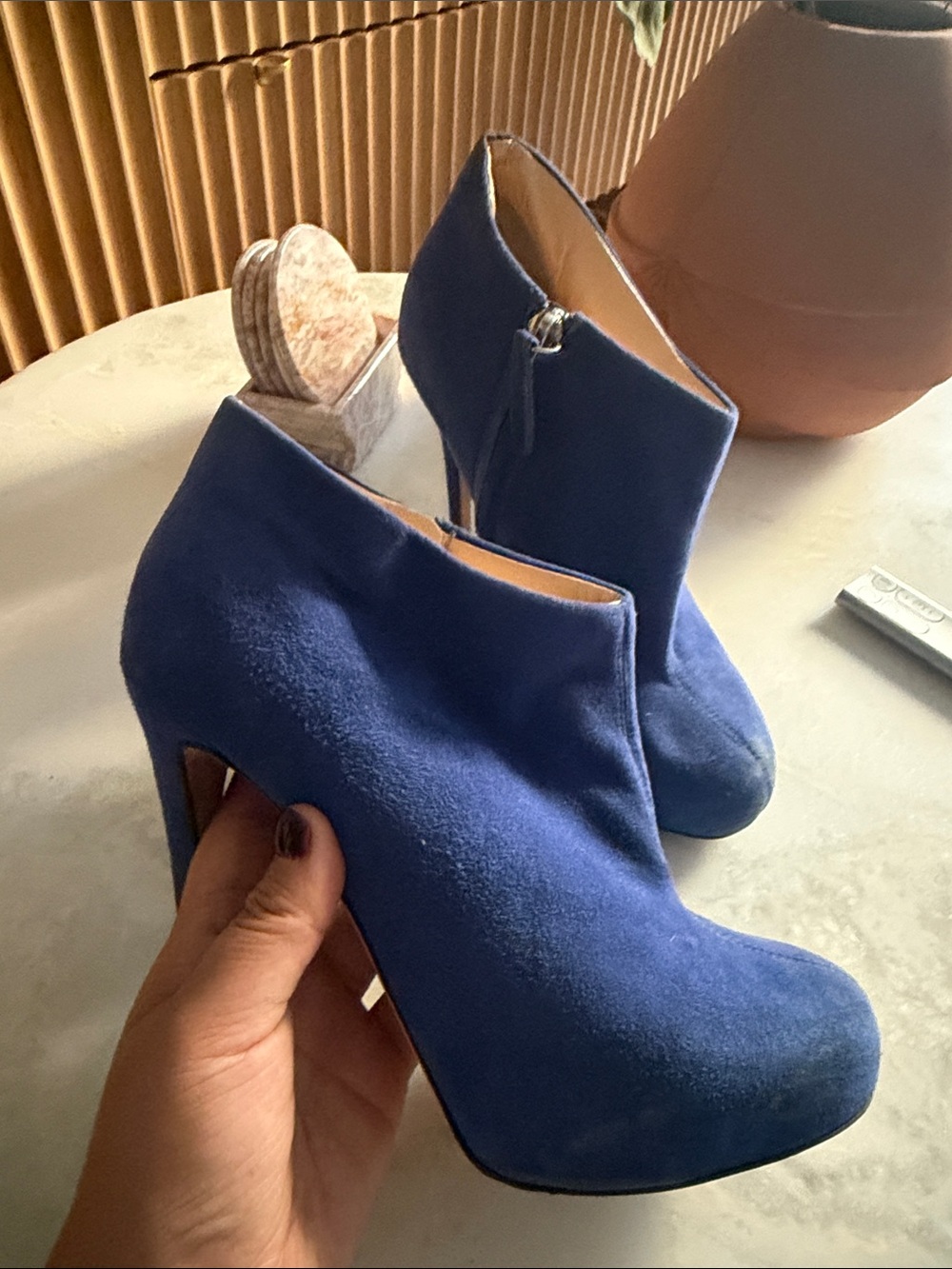 Barneys New York Blue Suede High Heel Ankle Booties